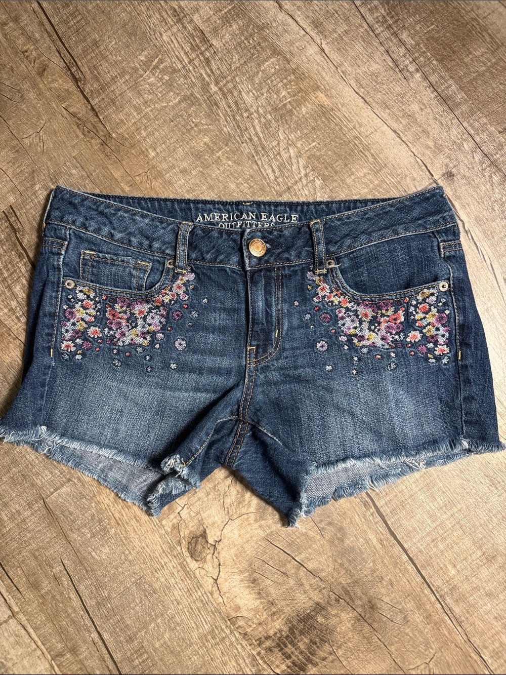 American Eagle Outfitters Blue Denim Floral Embroidered Jean Shorts